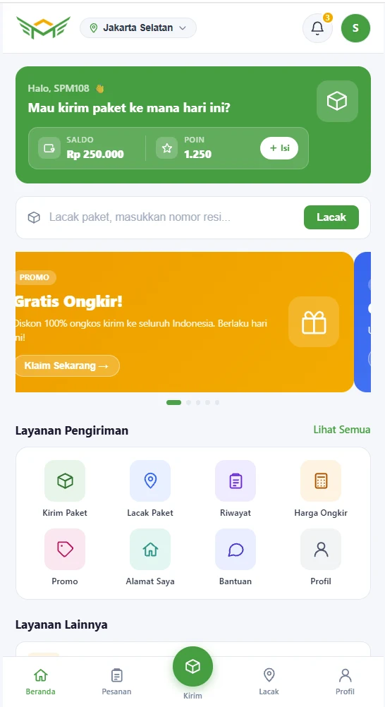 Tampilan beranda aplikasi Mars Express dengan saldo, poin dan menu layanan pengiriman